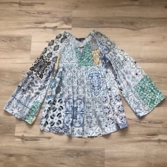 CHARLIE B Patchwork White and Blue Blouse - Picture 1 of 6